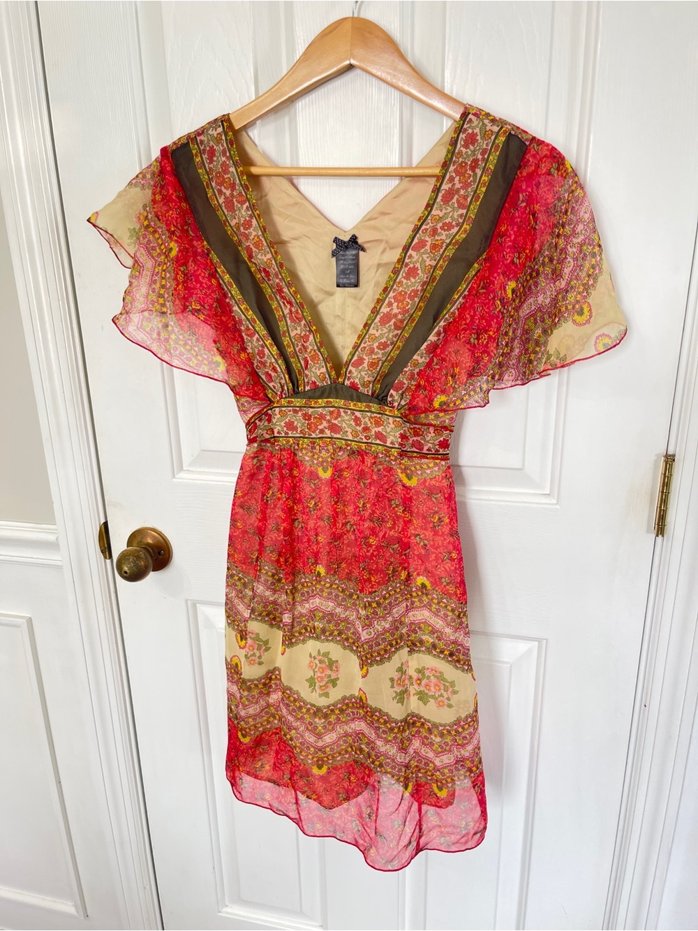 Boho Deep V Size Med Mini Dress Orange Paisley Print Silk  Size Vintage-inspired
